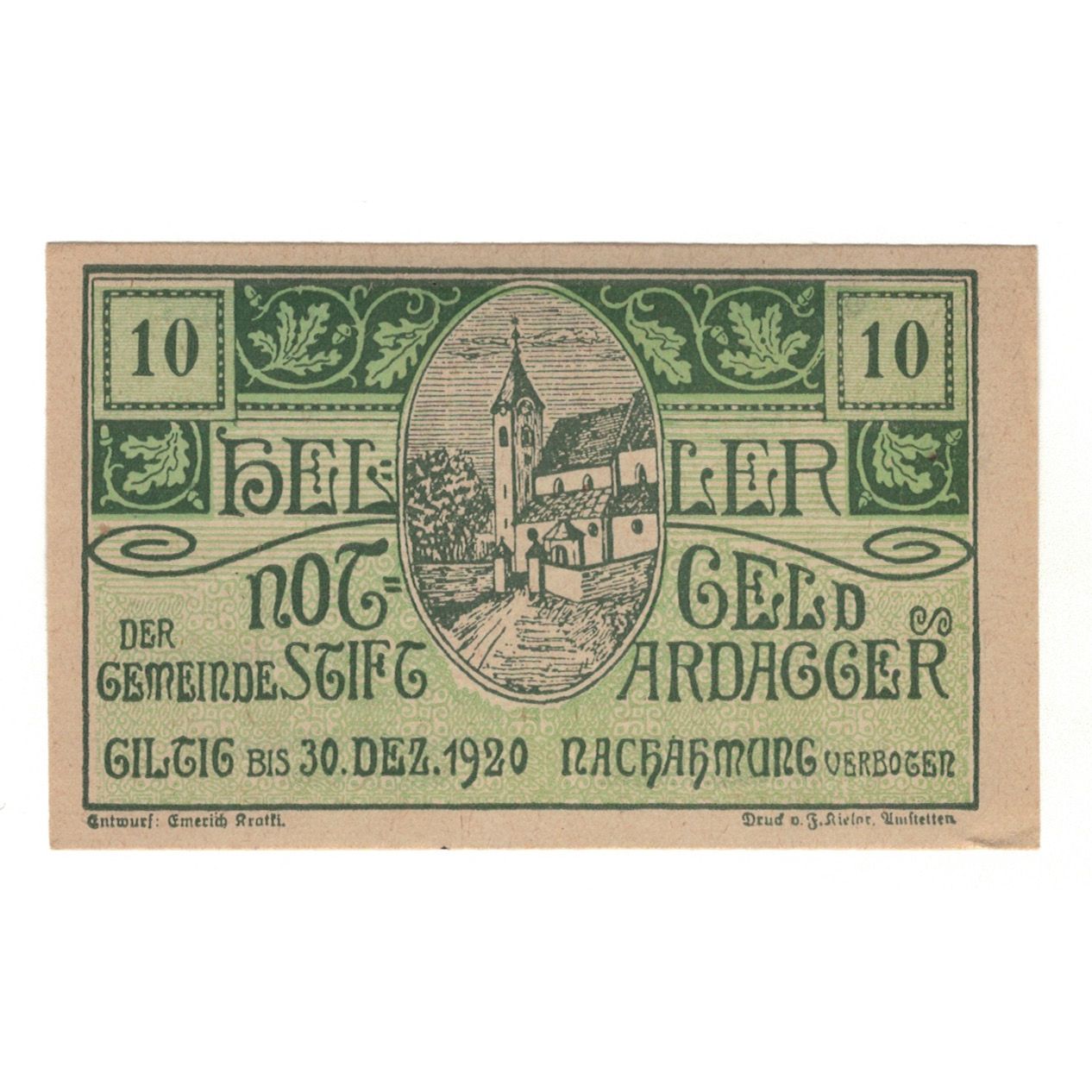 Billete, Austria, Ardagger Stift N.Ö. Gemeinde, 10 Heller, Texte, 1920