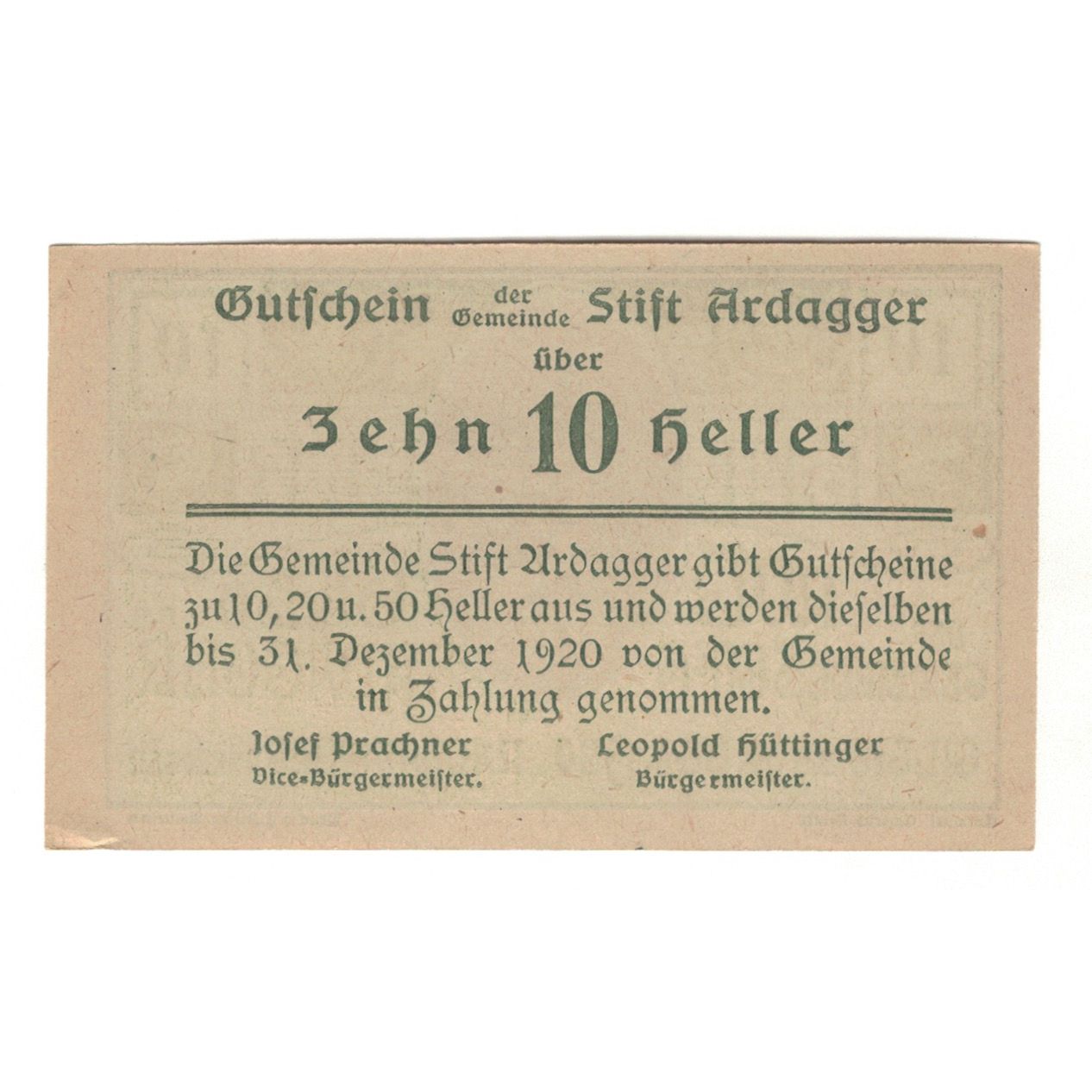 Billete, Austria, Ardagger Stift N.Ö. Gemeinde, 10 Heller, Texte, 1920