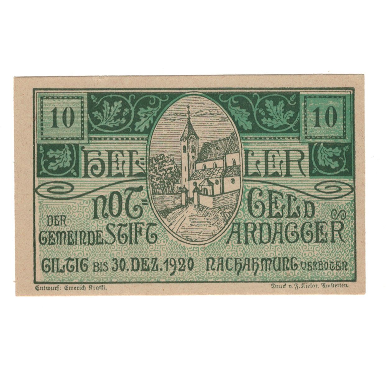 Billete, Austria, Ardagger Stift N.Ö. Gemeinde, 10 Heller, texte 1, 1920