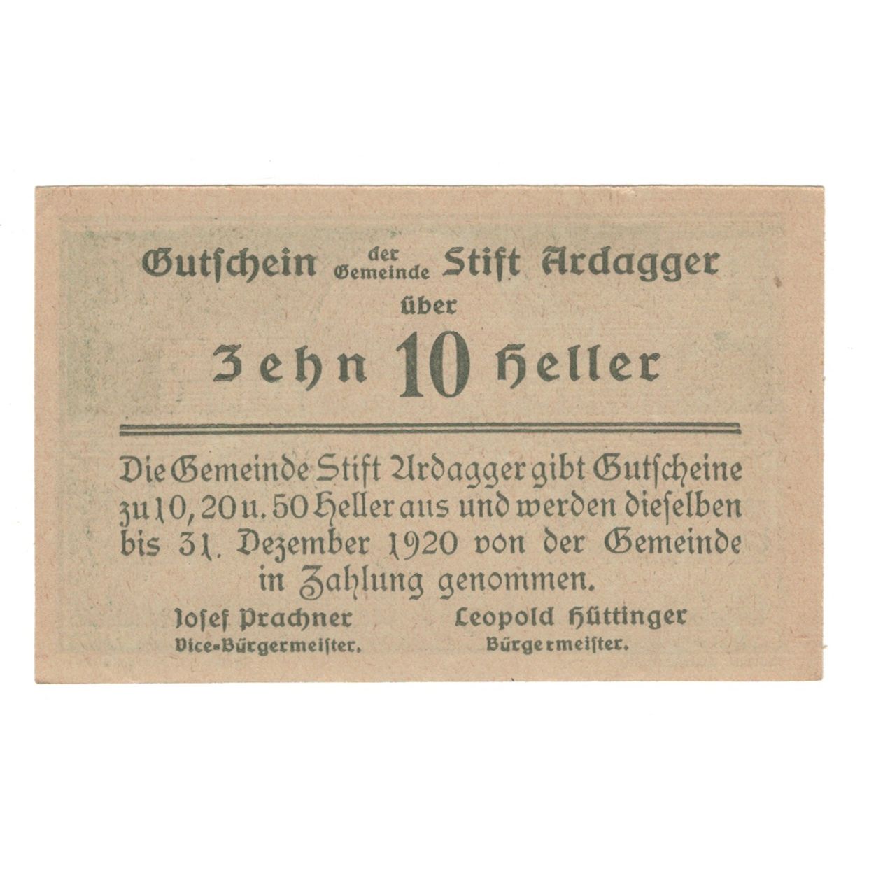 Billete, Austria, Ardagger Stift N.Ö. Gemeinde, 10 Heller, texte 1, 1920