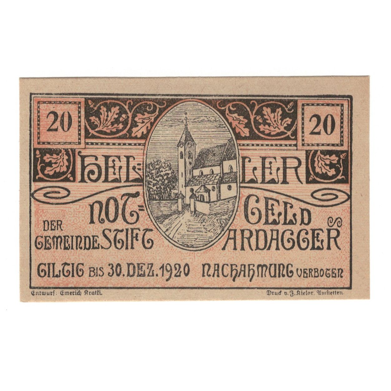 Billete, Austria, Ardagger Stift N.Ö. Gemeinde, 20 Heller, Texte, 1920