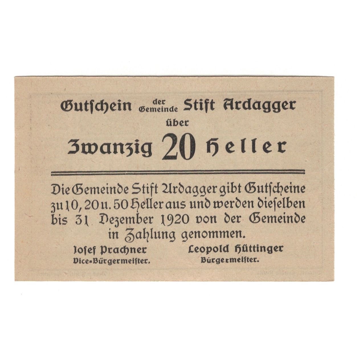 Billete, Austria, Ardagger Stift N.Ö. Gemeinde, 20 Heller, Texte, 1920