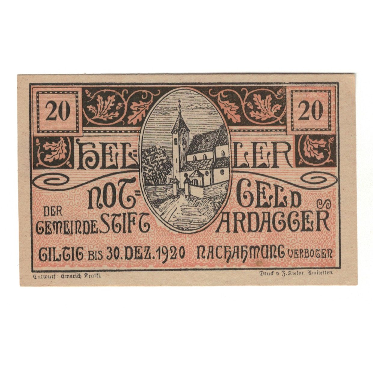 Billete, Austria, Ardagger Stift N.Ö. Gemeinde, 20 Heller, texte 1, 1920