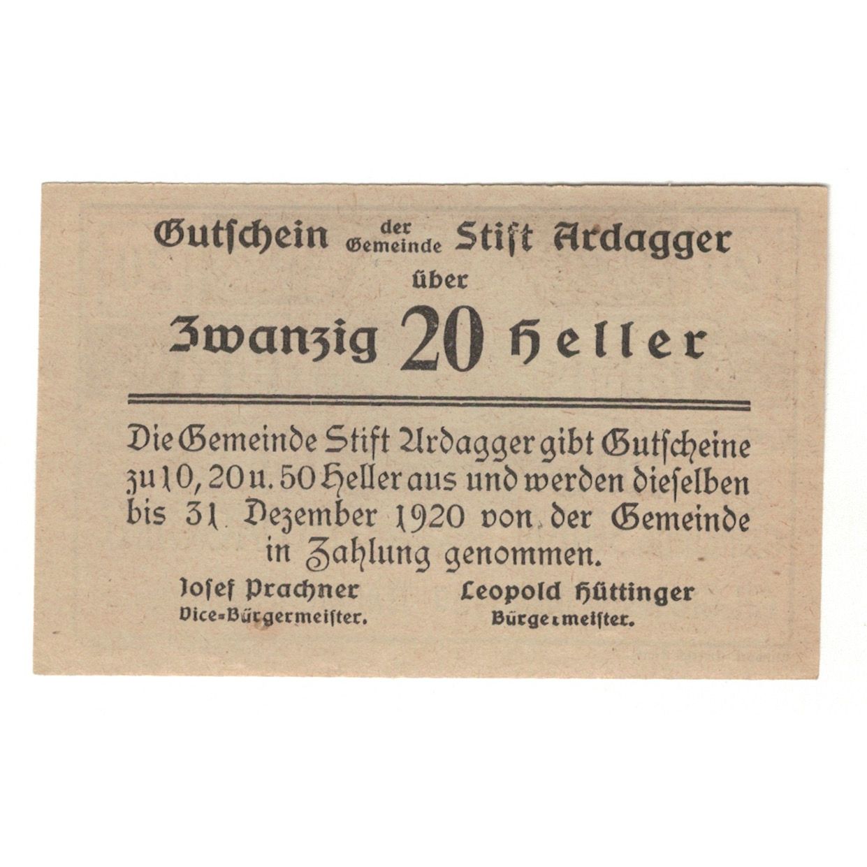 Billete, Austria, Ardagger Stift N.Ö. Gemeinde, 20 Heller, texte 1, 1920