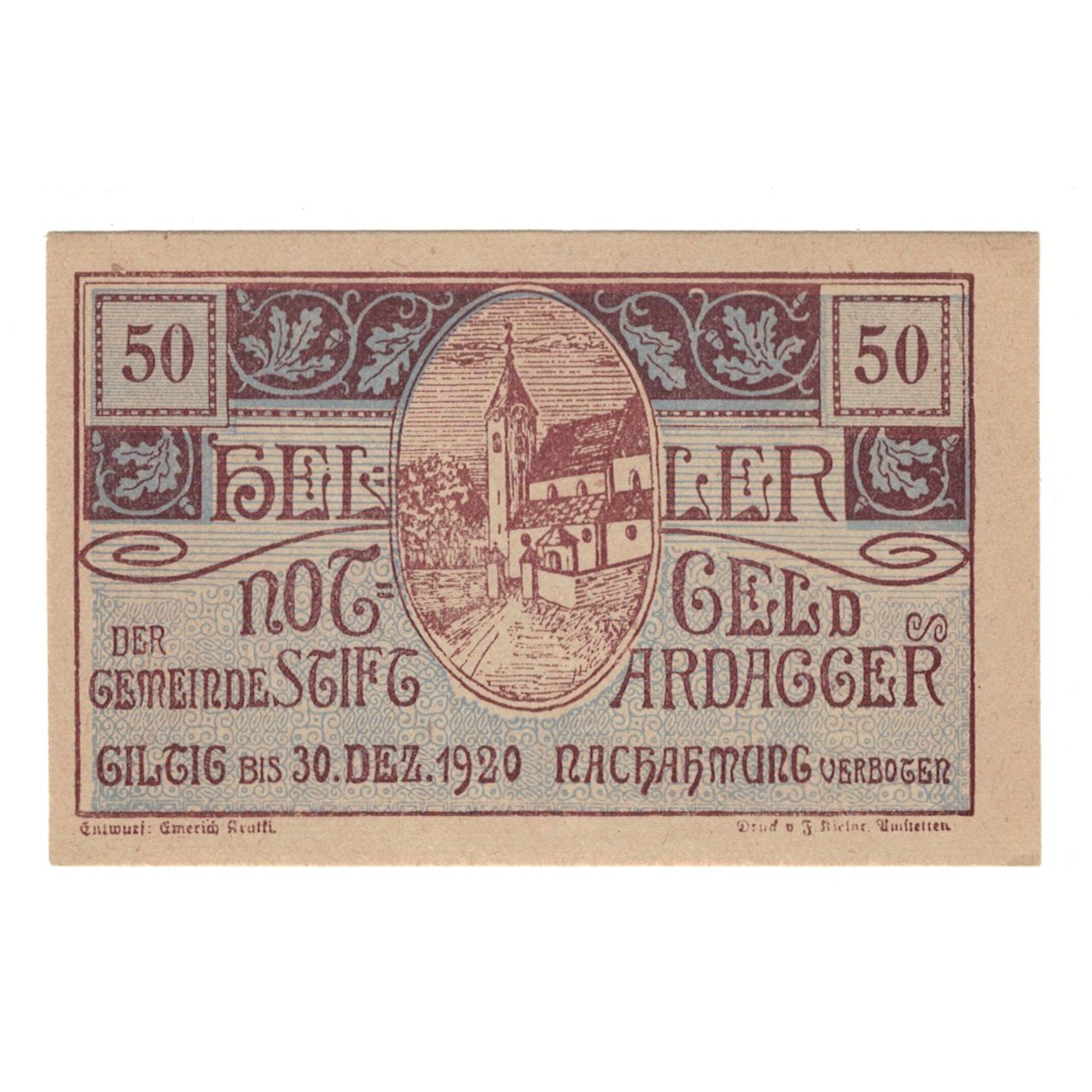 Billete, Austria, Ardagger Stift N.Ö. Gemeinde, 50 Heller, Texte, 1920