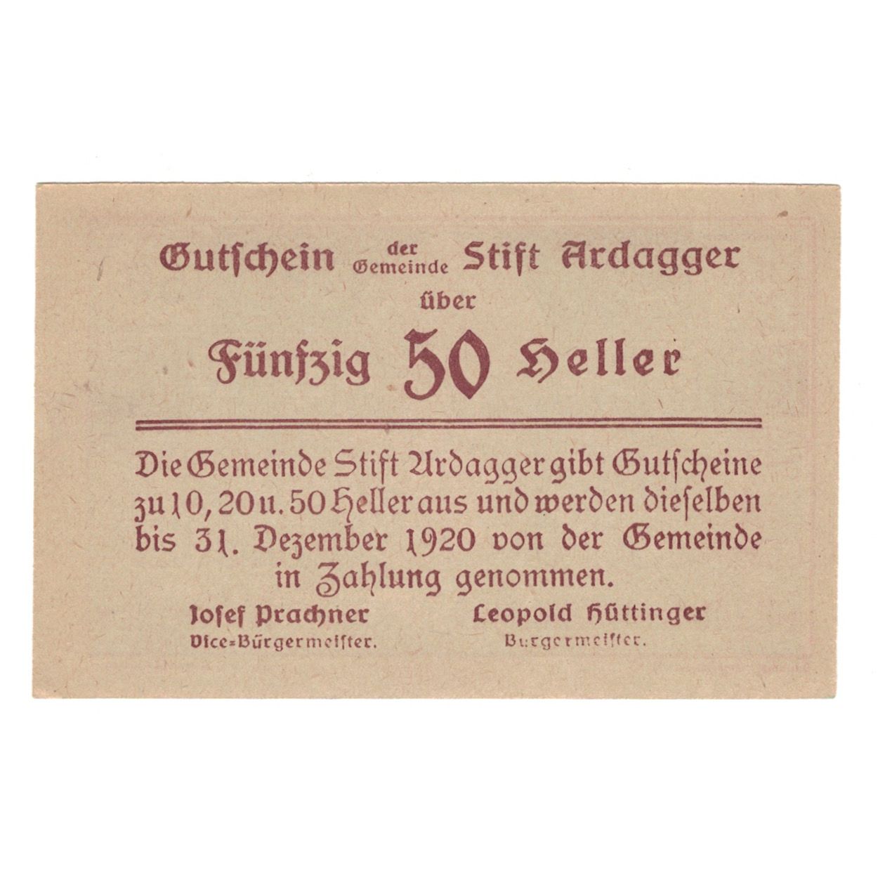 Billete, Austria, Ardagger Stift N.Ö. Gemeinde, 50 Heller, Texte, 1920