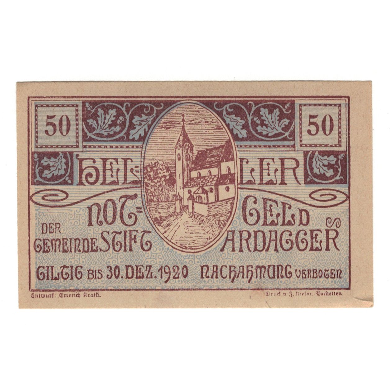 Billete, Austria, Ardagger Stift N.Ö. Gemeinde, 50 Heller, texte 1, 1920
