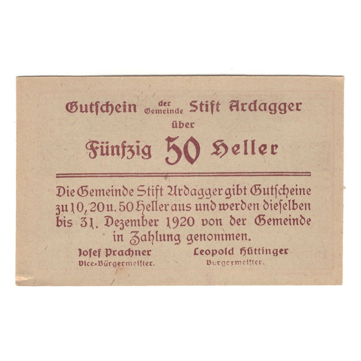 Billete, Austria, Ardagger Stift N.Ö. Gemeinde, 50 Heller, texte 1, 1920