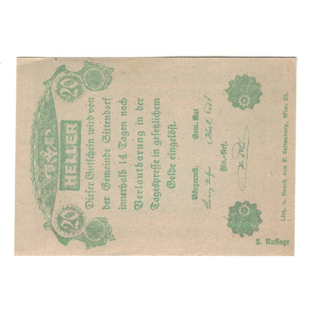 Billete, Austria, Sittendorf N.Ö. Gemeinde, 20 Heller, Texte, EBC, Mehl:FS 1001