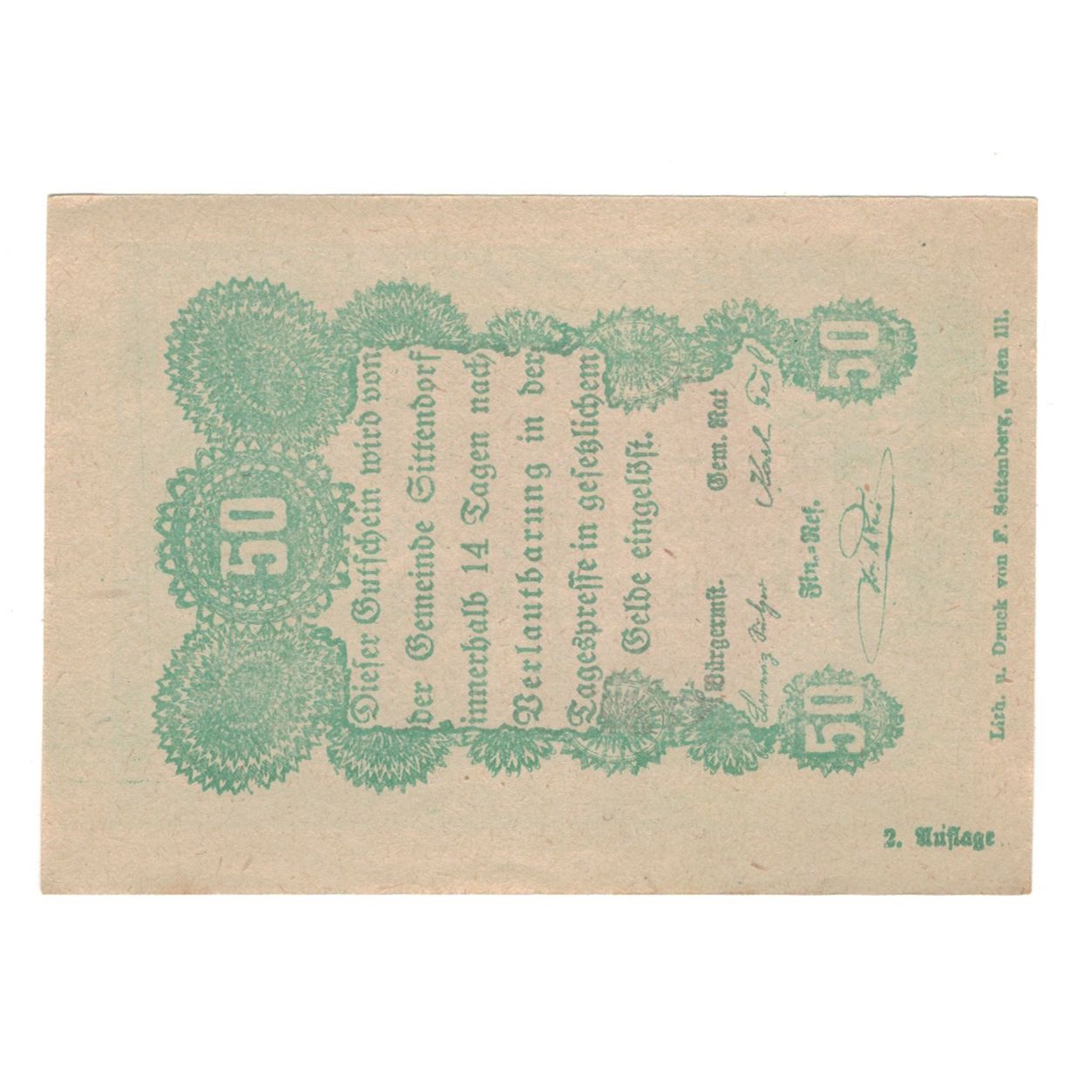Billete, Austria, Sittendorf N.Ö. Gemeinde, 50 Heller, texte 1, EBC, Mehl:FS