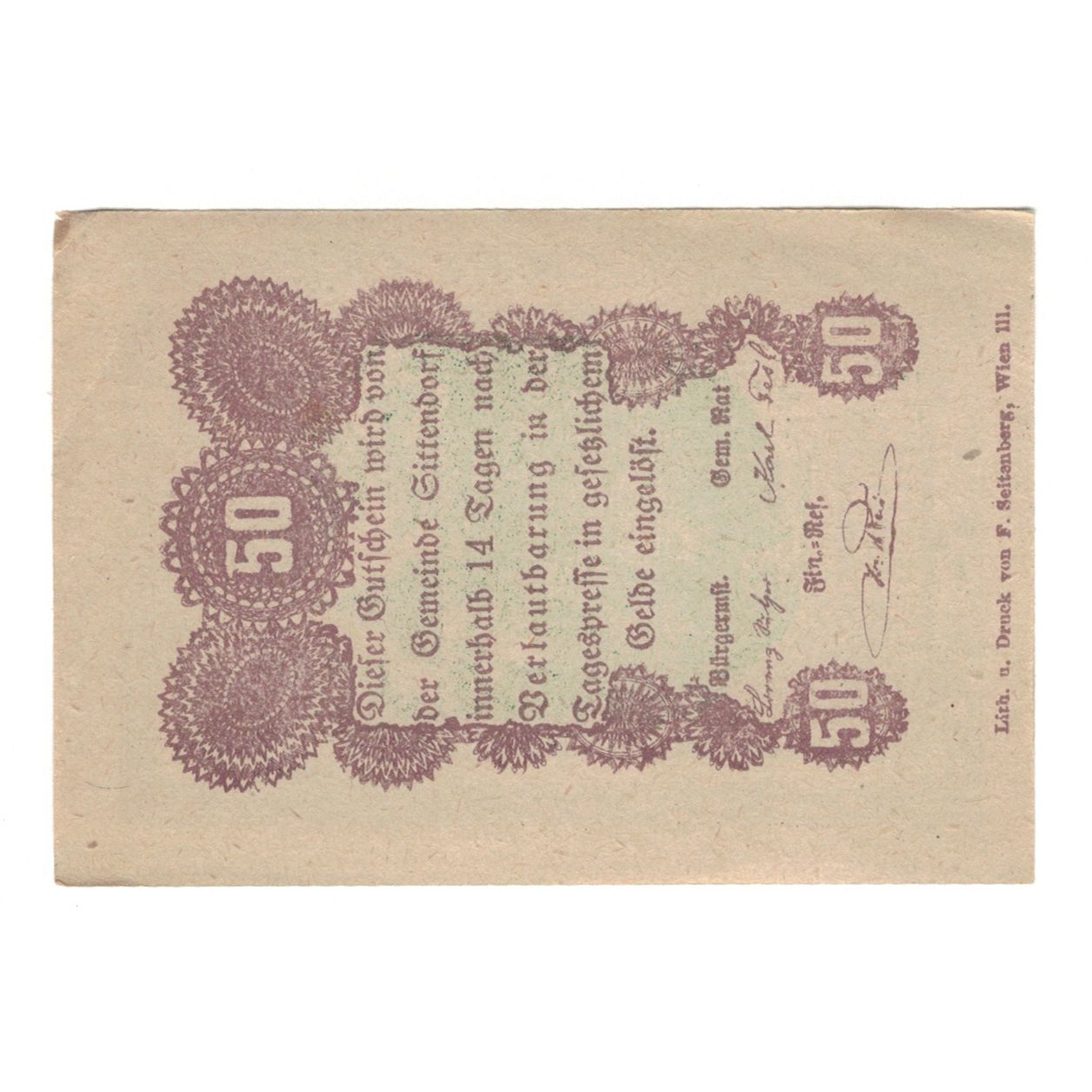 Billete, Austria, Sittendorf N.Ö. Gemeinde, 50 Heller, Texte 2, EBC, Mehl:FS
