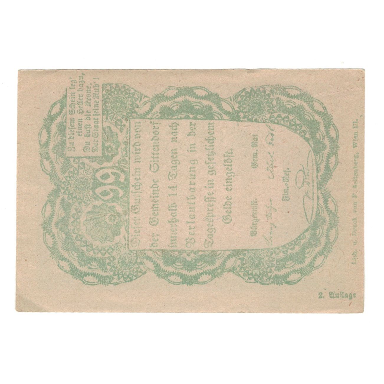 Billete, Austria, Sittendorf N.Ö. Gemeinde, 99 Heller, Texte 4, EBC, Mehl:FS