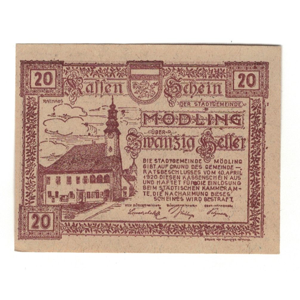 Billete, Austria, Hinterbrühl N.Ö. Gemeinde, 20 Heller, Blason, 1920
