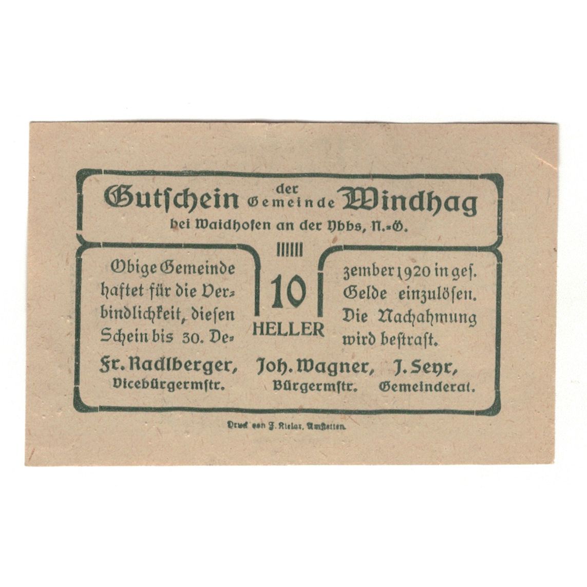 Billete, Austria, Windhag bei Waidhofen an der Ybbs N.Ö. Gemeinde, 10 Heller
