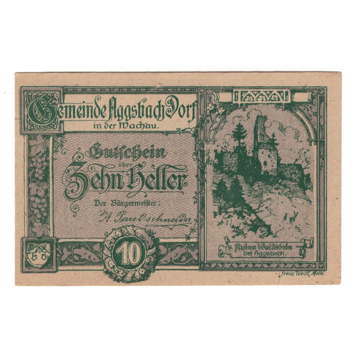 Billete, Austria, Aggsbach Dorf N.Ö. Gemeinde, 10 Heller, valeur faciale, 1920