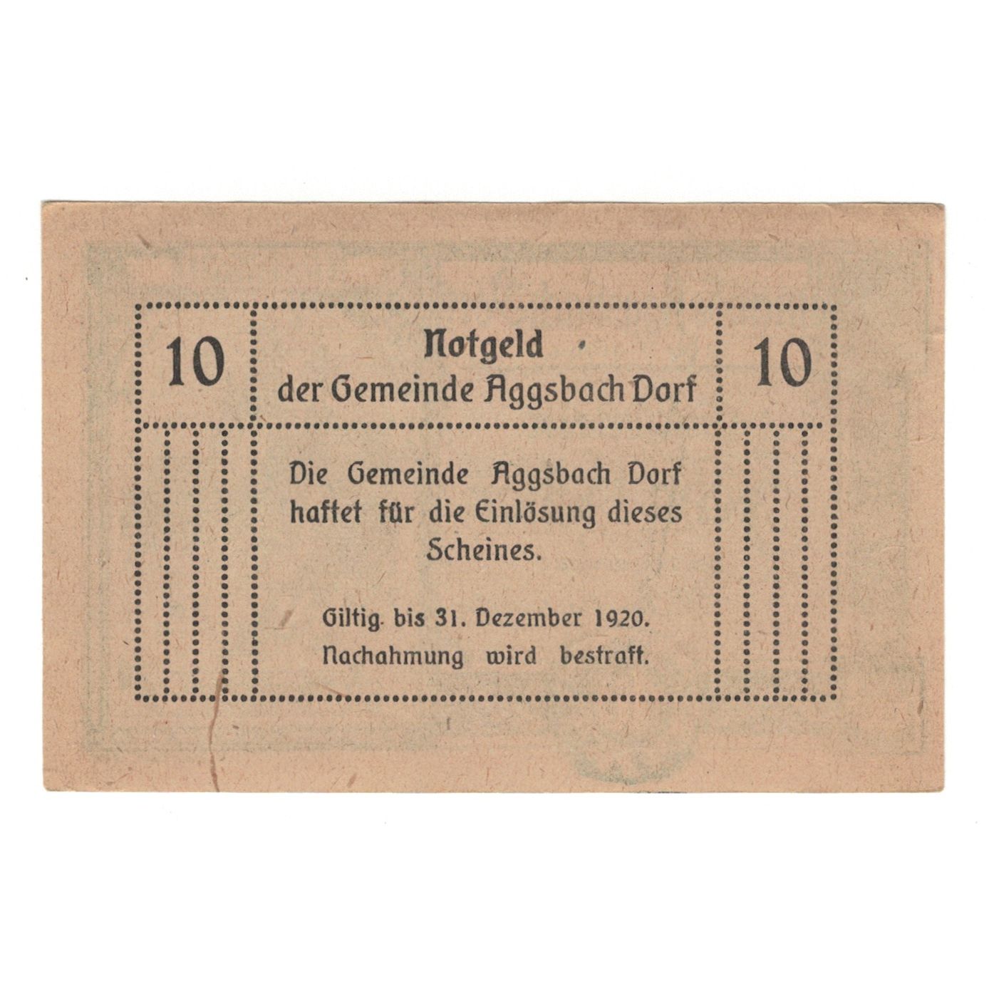 Billete, Austria, Aggsbach Dorf N.Ö. Gemeinde, 10 Heller, valeur faciale, 1920