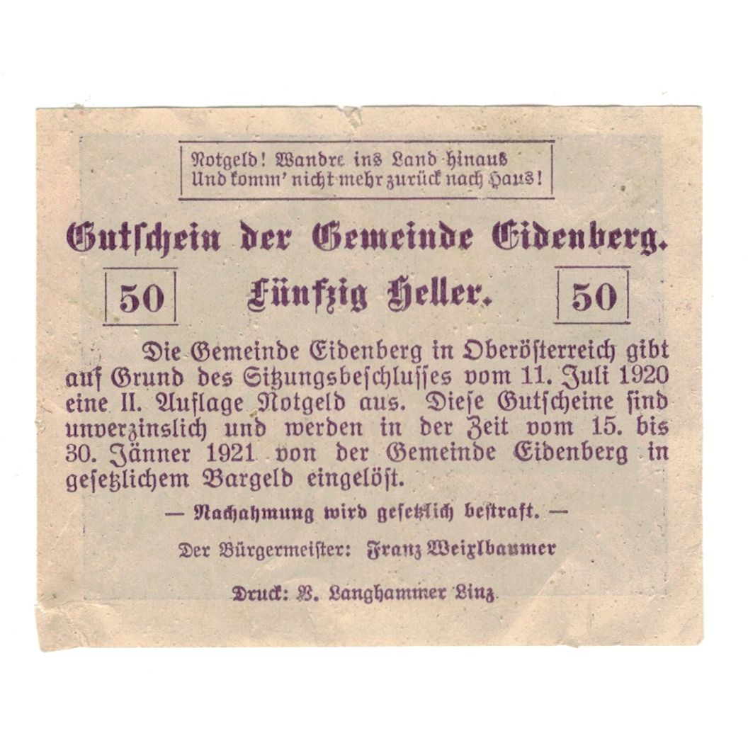 Billete, Austria, Eidenberg O.Ö. Gemeinde, 50 Heller, Texte, 1920, 1920-10-31