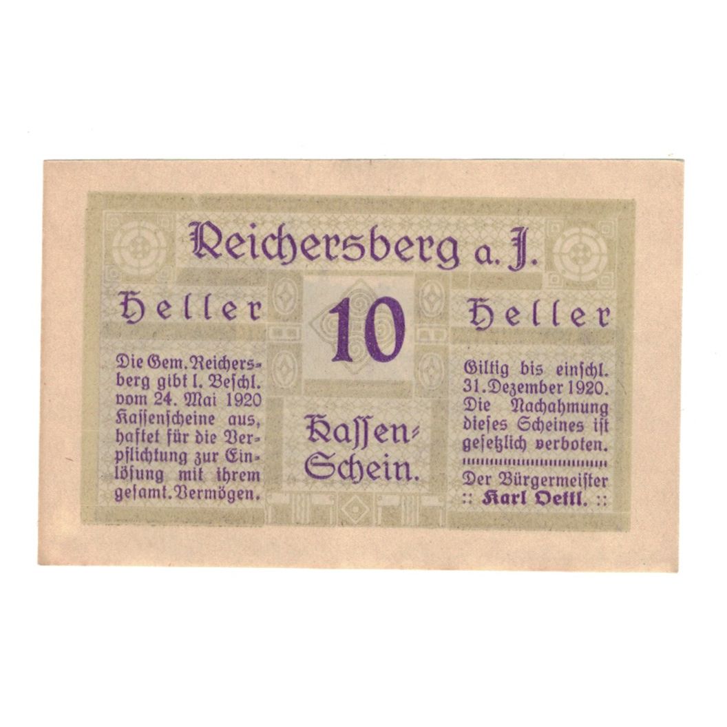 Billete, Austria, Reichersberg O.Ö. Gemeinde, 10 Heller, Batiment, 1920