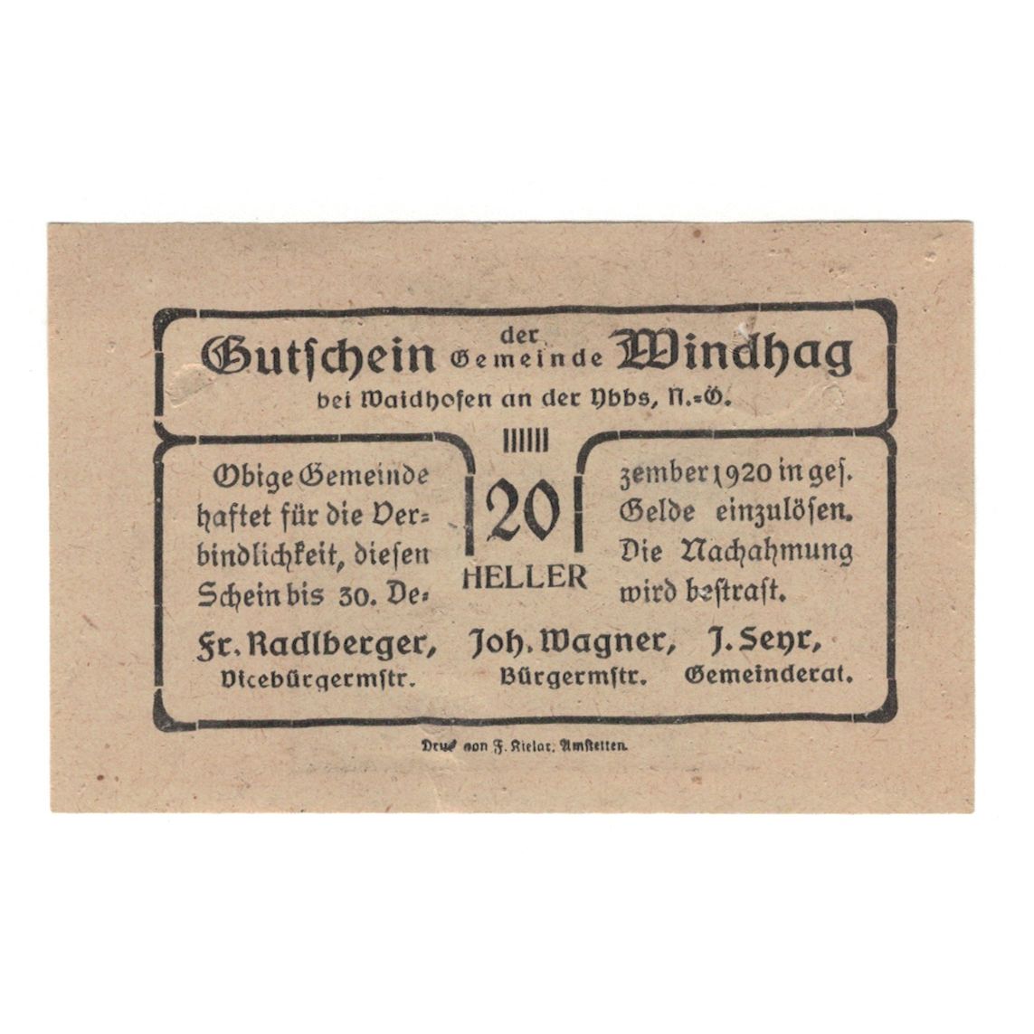 Billete, Austria, Windhag bei Waidhofen an der Ybbs N.Ö. Gemeinde, 20 Heller