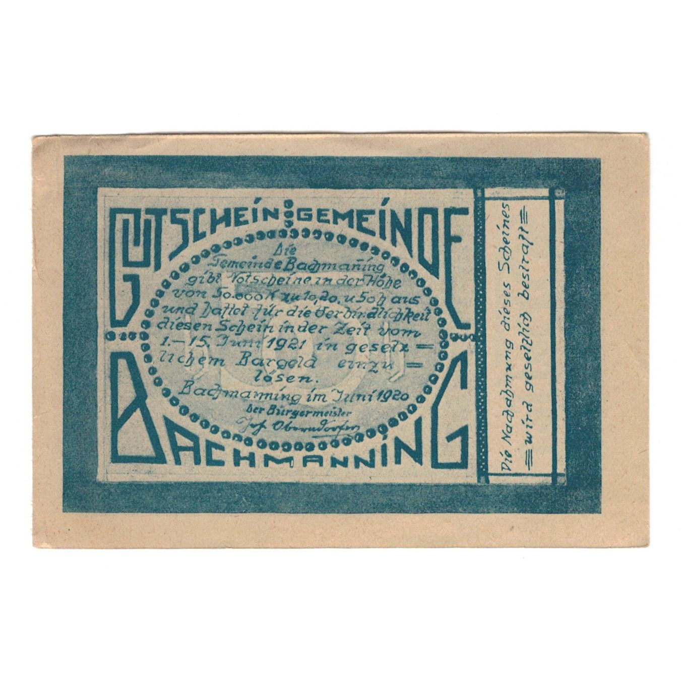 Billete, Austria, Bachmanning O.Ö. Gemeinde, 50 Heller, paysage, 1921
