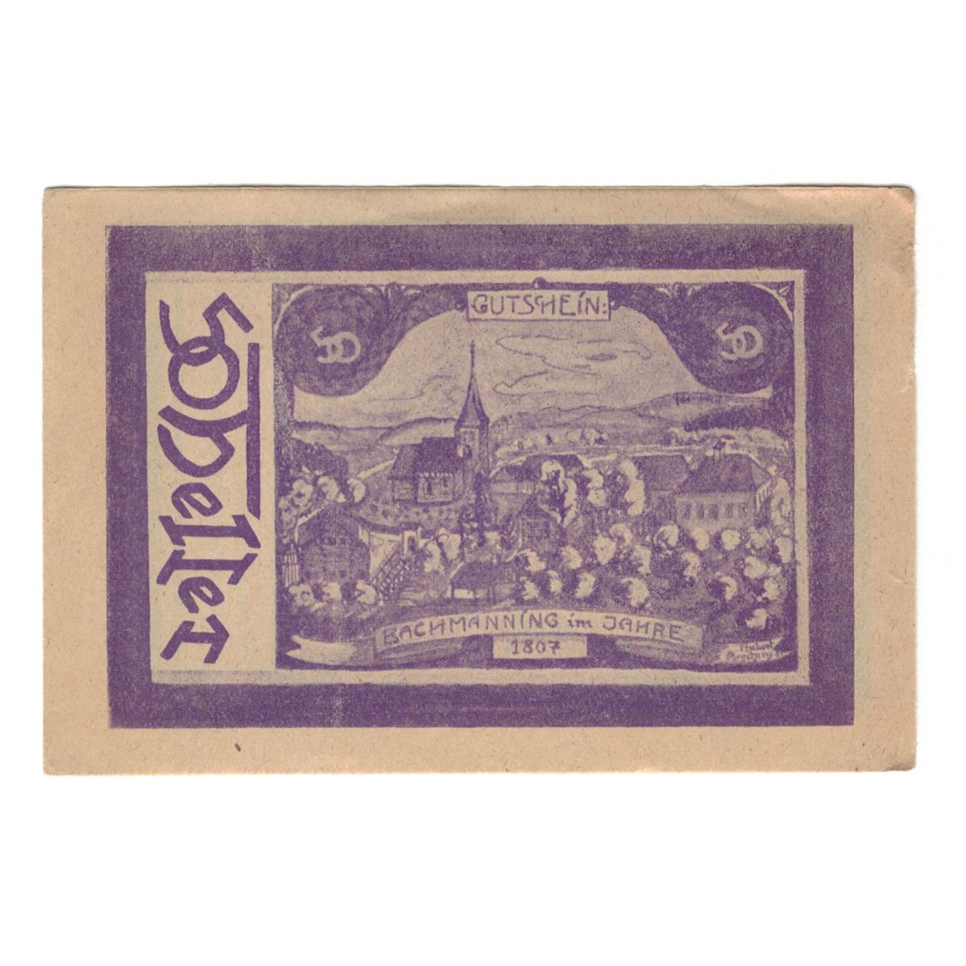 Billete, Austria, Bachmanning O.Ö. Gemeinde, 50 Heller, paysage, 1921