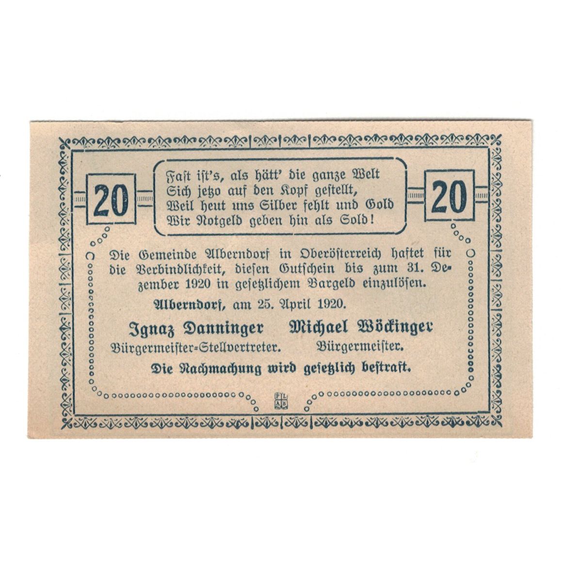 Billete, Austria, Alberndorf Gemeinde, 20 Heller, Texte, 1920, 1920-12-31, EBC