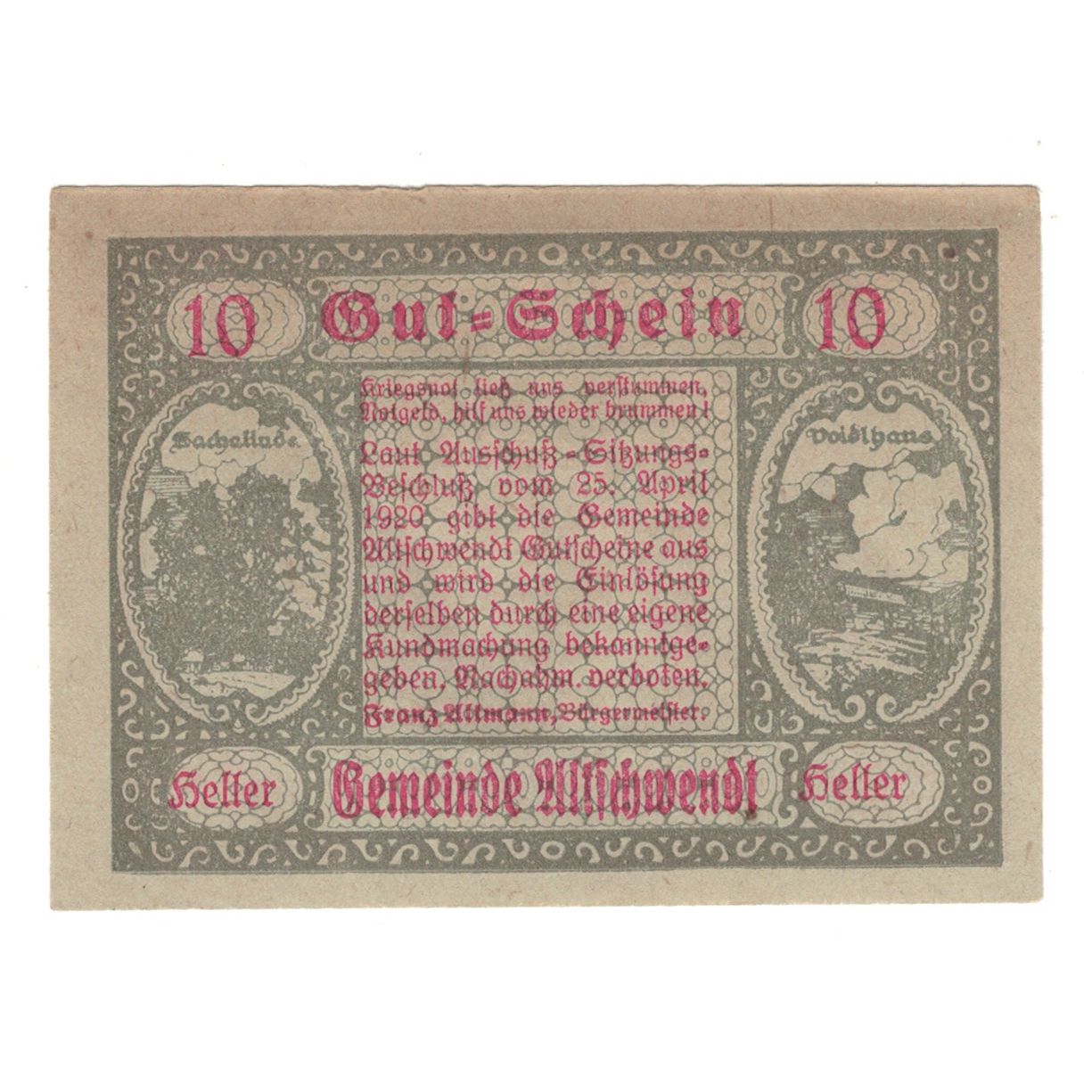 Billete, Austria, Altschwendt O.Ö. Gemeinde, 10 Heller, cloche, 1920