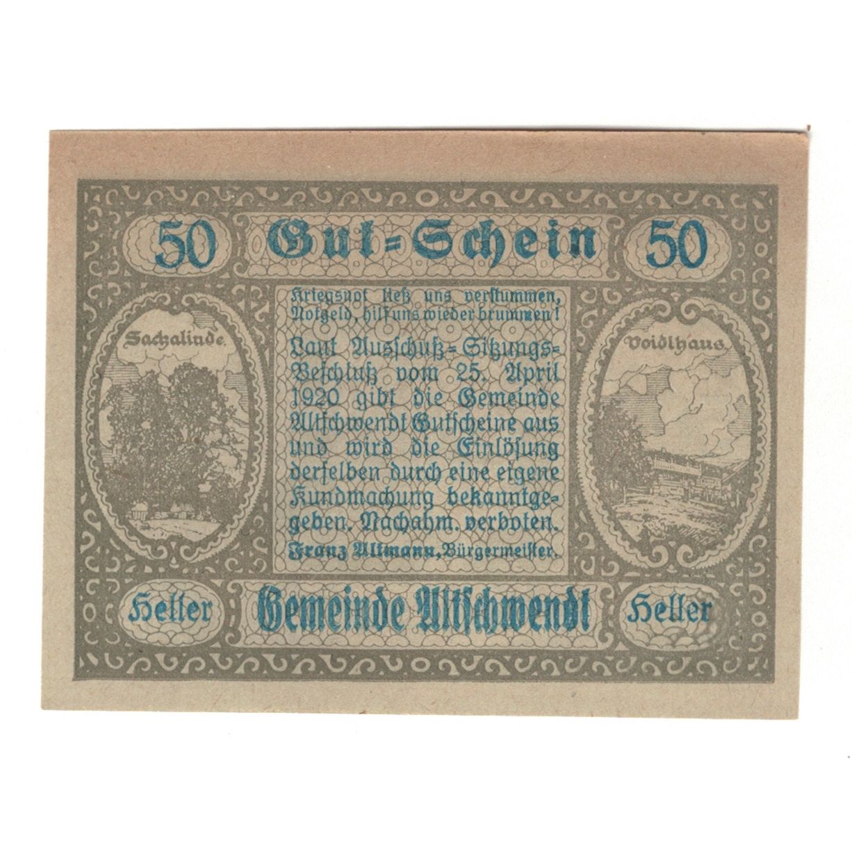 Billete, Austria, Altschwendt O.Ö. Gemeinde, 50 Heller, cloche, 1920