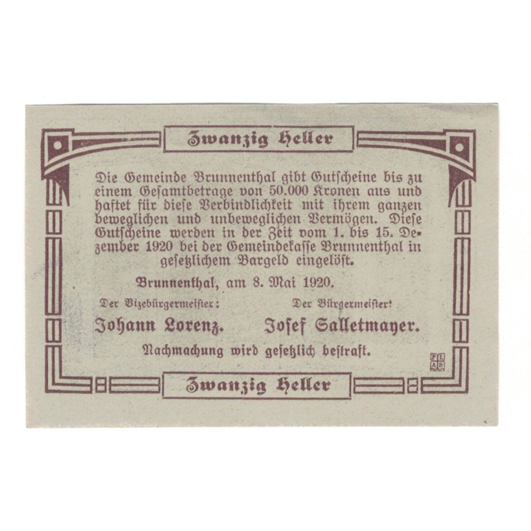 Billete, Austria, Brunnenthal O.Ö. Gemeinde, 20 Heller, Texte, 1920