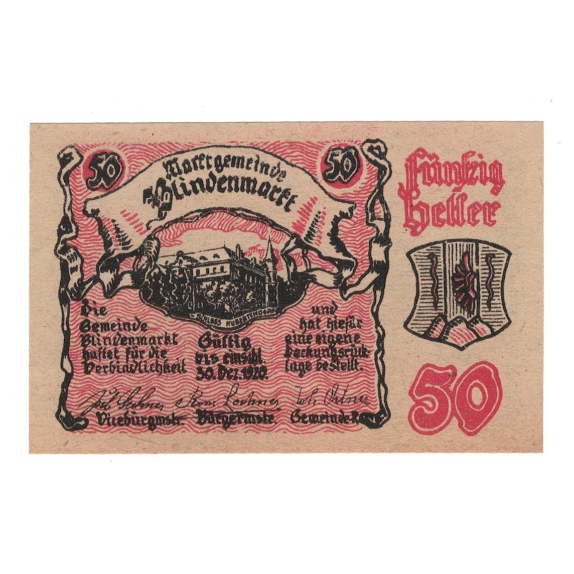 Billete, Austria, Blindenmarkt N.Ö. Gemeinde, 50 Heller, Texte, 1920