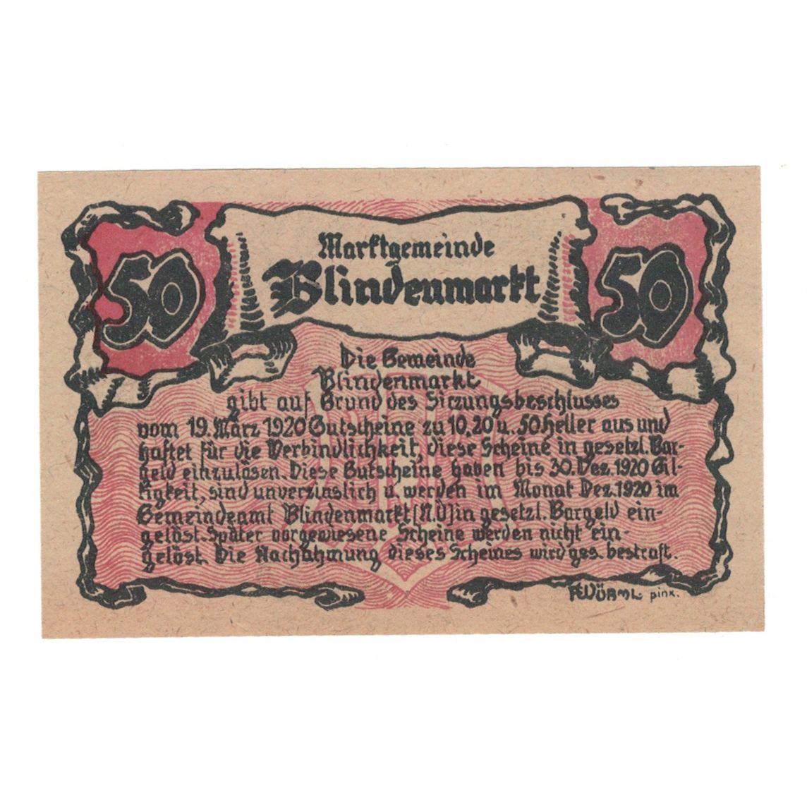 Billete, Austria, Blindenmarkt N.Ö. Gemeinde, 50 Heller, Texte, 1920
