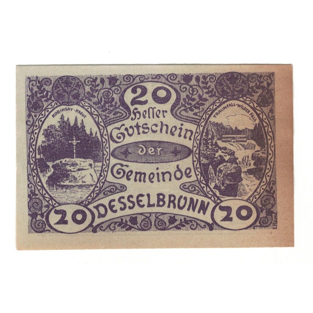 Billete, Austria, Desselbrunn O.Ö. Gemeinde, 20 Heller, Texte, 1920