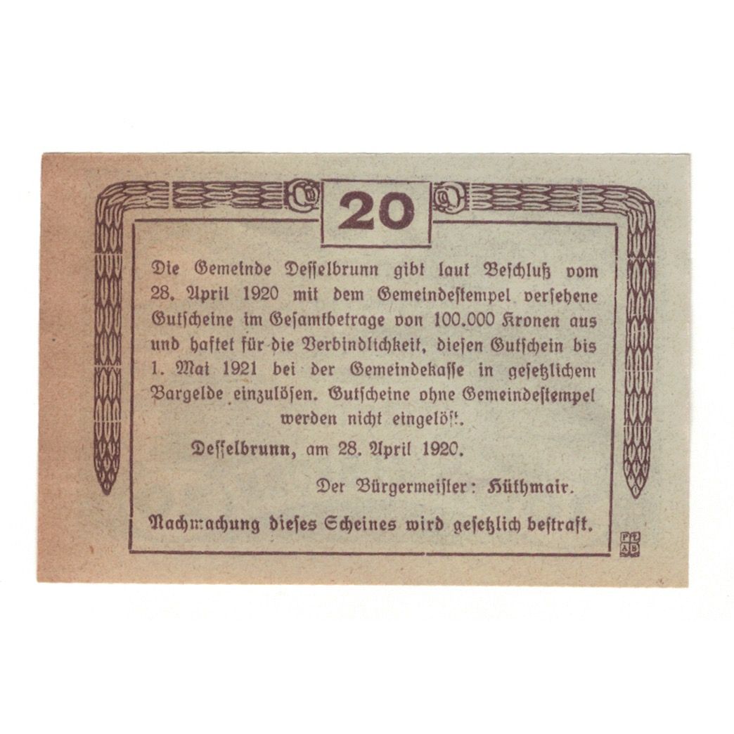 Billete, Austria, Desselbrunn O.Ö. Gemeinde, 20 Heller, Texte, 1920