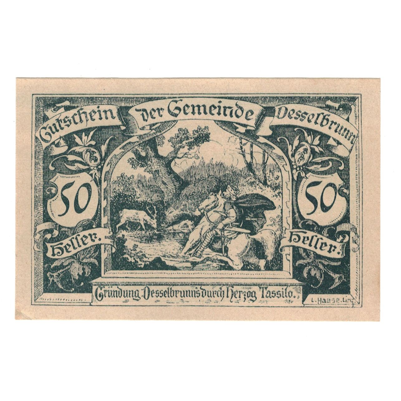 Billete, Austria, Desselbrunn O.Ö. Gemeinde, 50 Heller, Texte, 1920