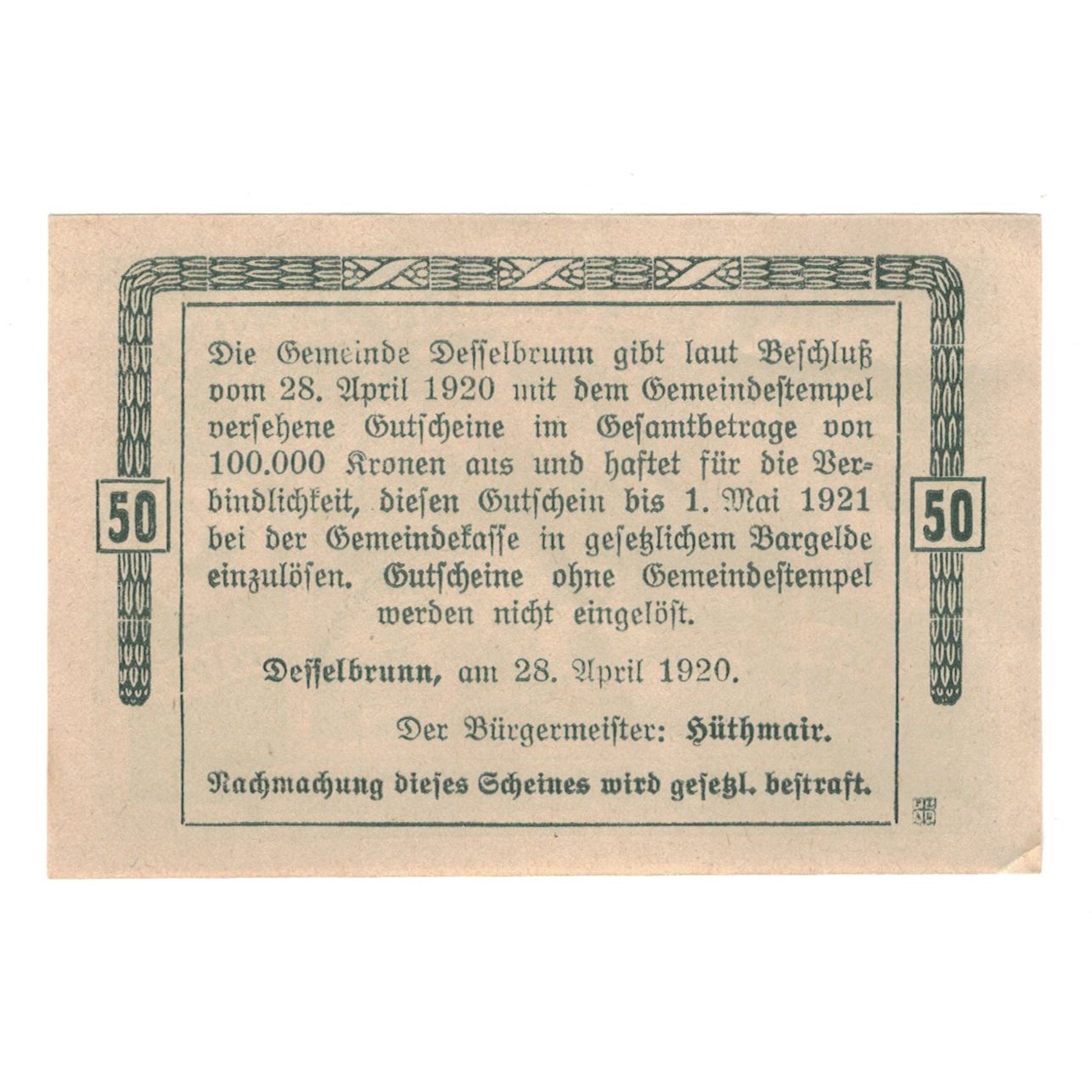 Billete, Austria, Desselbrunn O.Ö. Gemeinde, 50 Heller, Texte, 1920