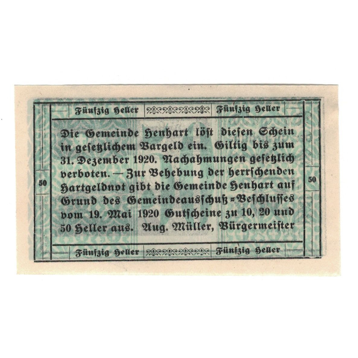Billete, Austria, Henhart O.Ö. Gemeinde, 50 Heller, Texte, 1920, 1920-12-31