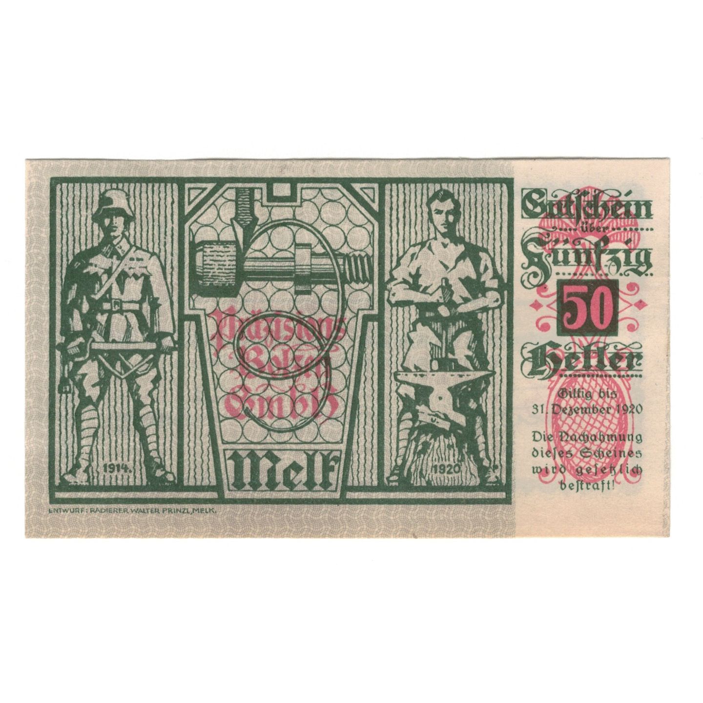 Billete, Austria, Melk, Prv. Präzisions-Bolzen-G.M.B.H, 50 Heller, Texte, 1920