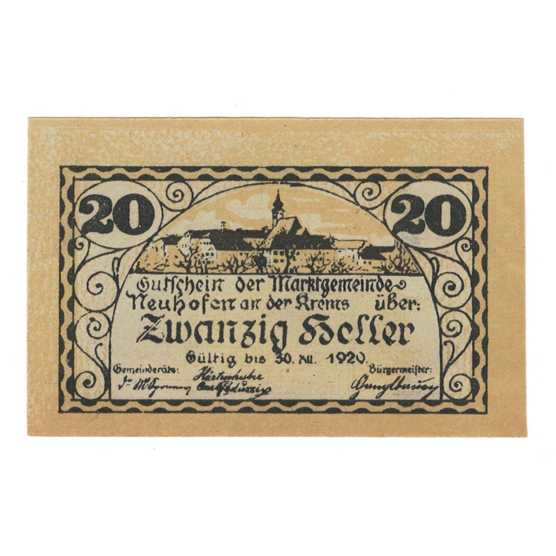 Billete, Austria, Neuhofen an der Krems O.Ö. Marktgemeinde, 20 Heller, Blason