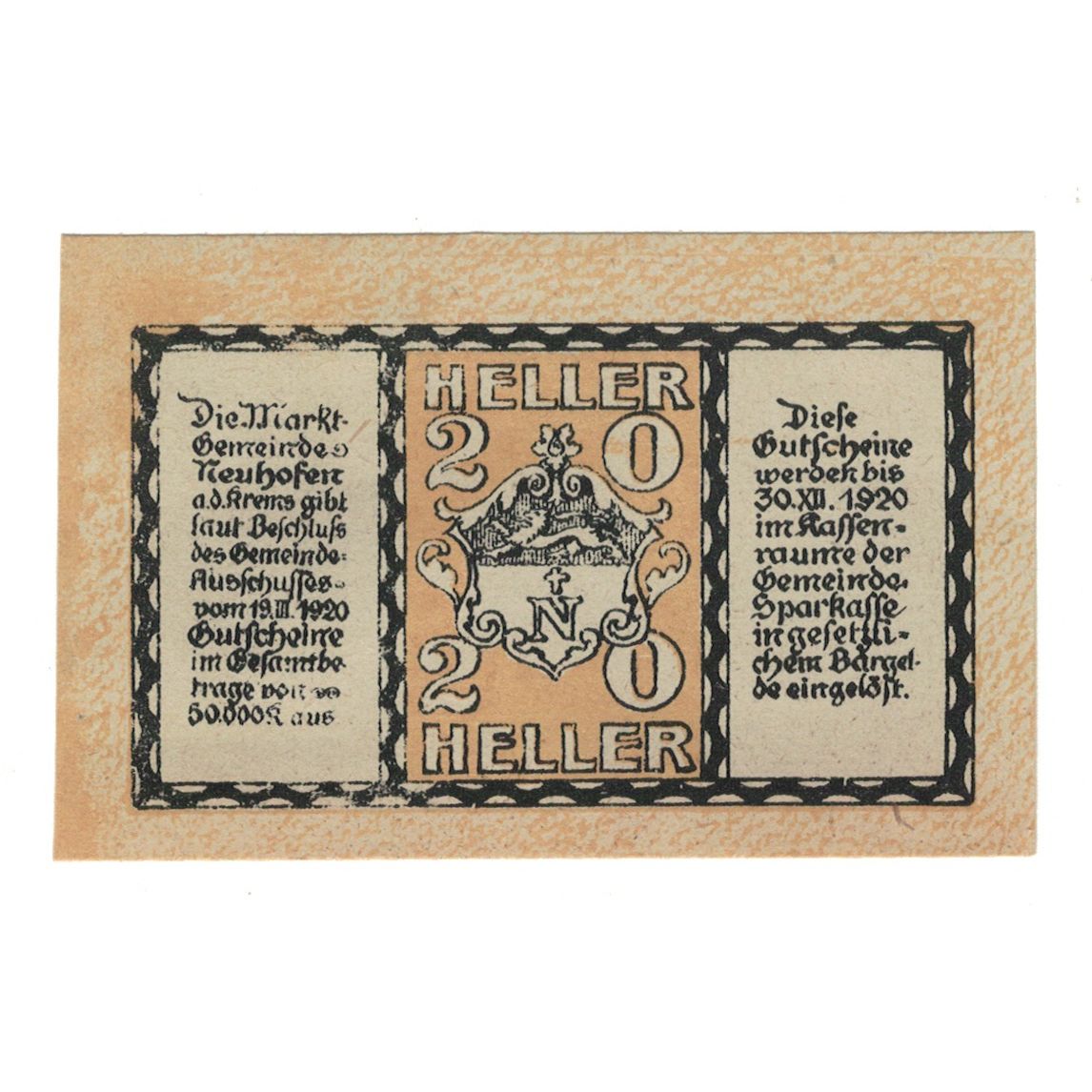 Billete, Austria, Neuhofen an der Krems O.Ö. Marktgemeinde, 20 Heller, Blason