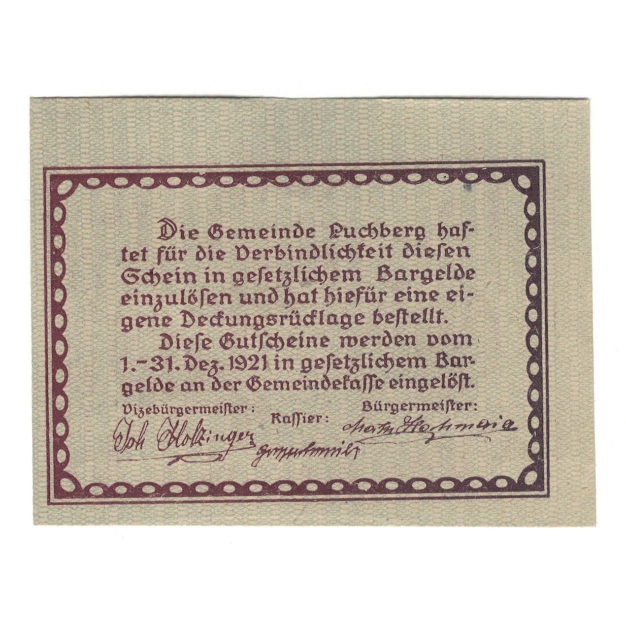 Billete, Austria, Puchberg bei Wels O.Ö. Gemeinde, 10 Heller, Texte, 1921