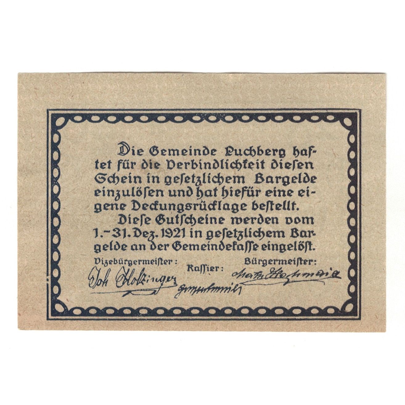 Billete, Austria, Puchberg bei Wels O.Ö. Gemeinde, 20 Heller, Texte, 1921