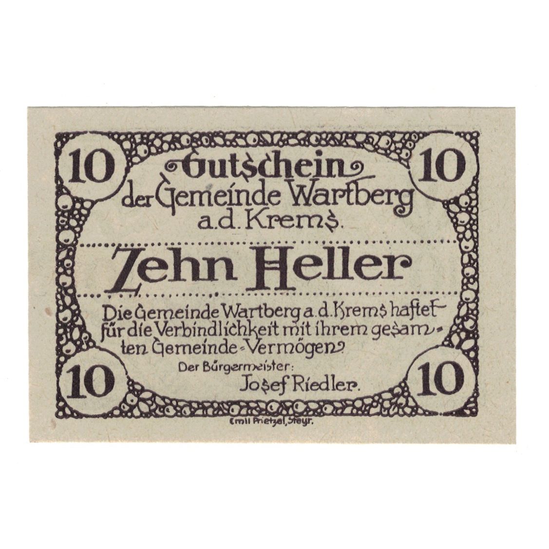 Billete, Austria, Wartberg An Der Krems O.Ö. Gemeinde, 10 Heller, Batiment