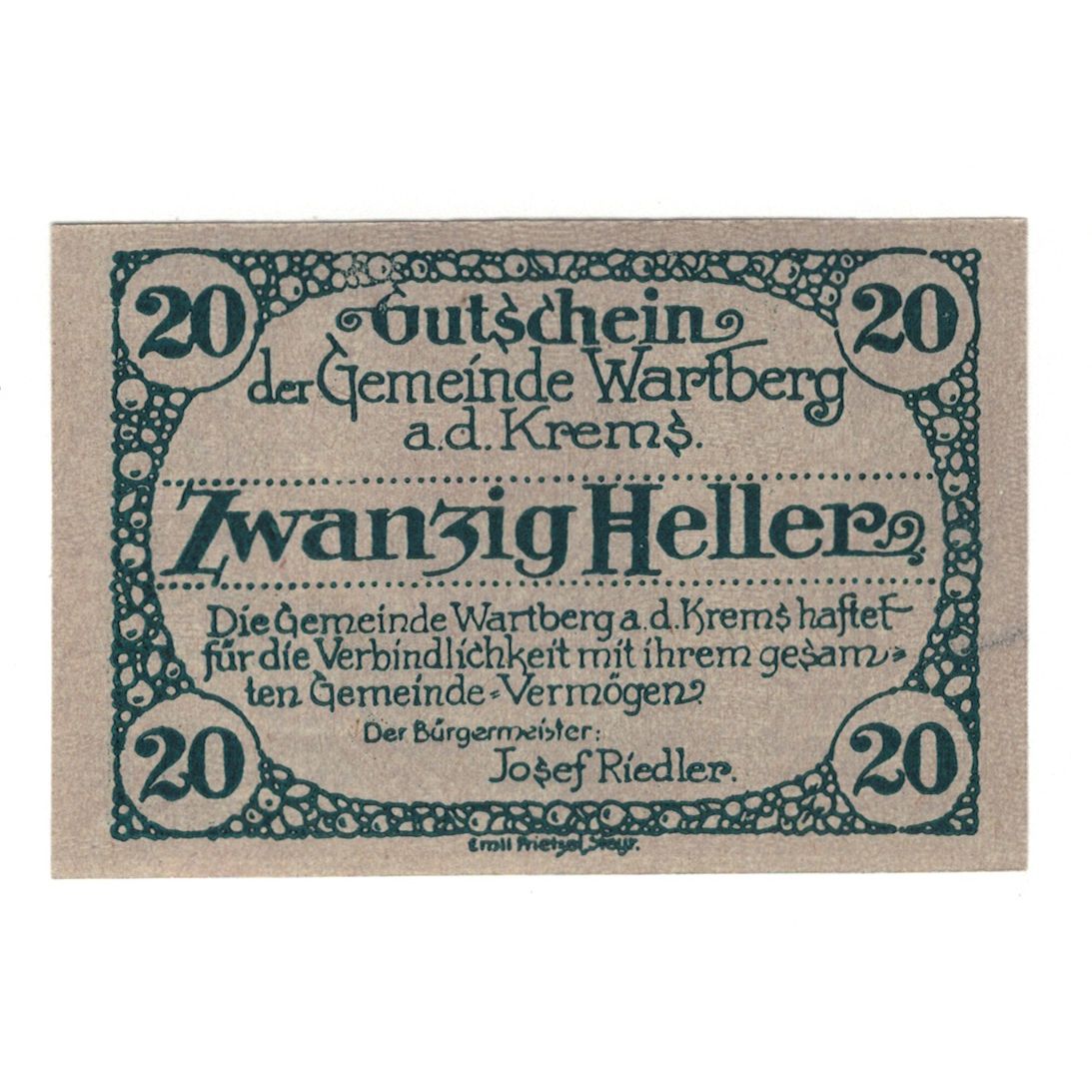 Billete, Austria, Wartberg An Der Krems O.Ö. Gemeinde, 20 Heller, Batiment