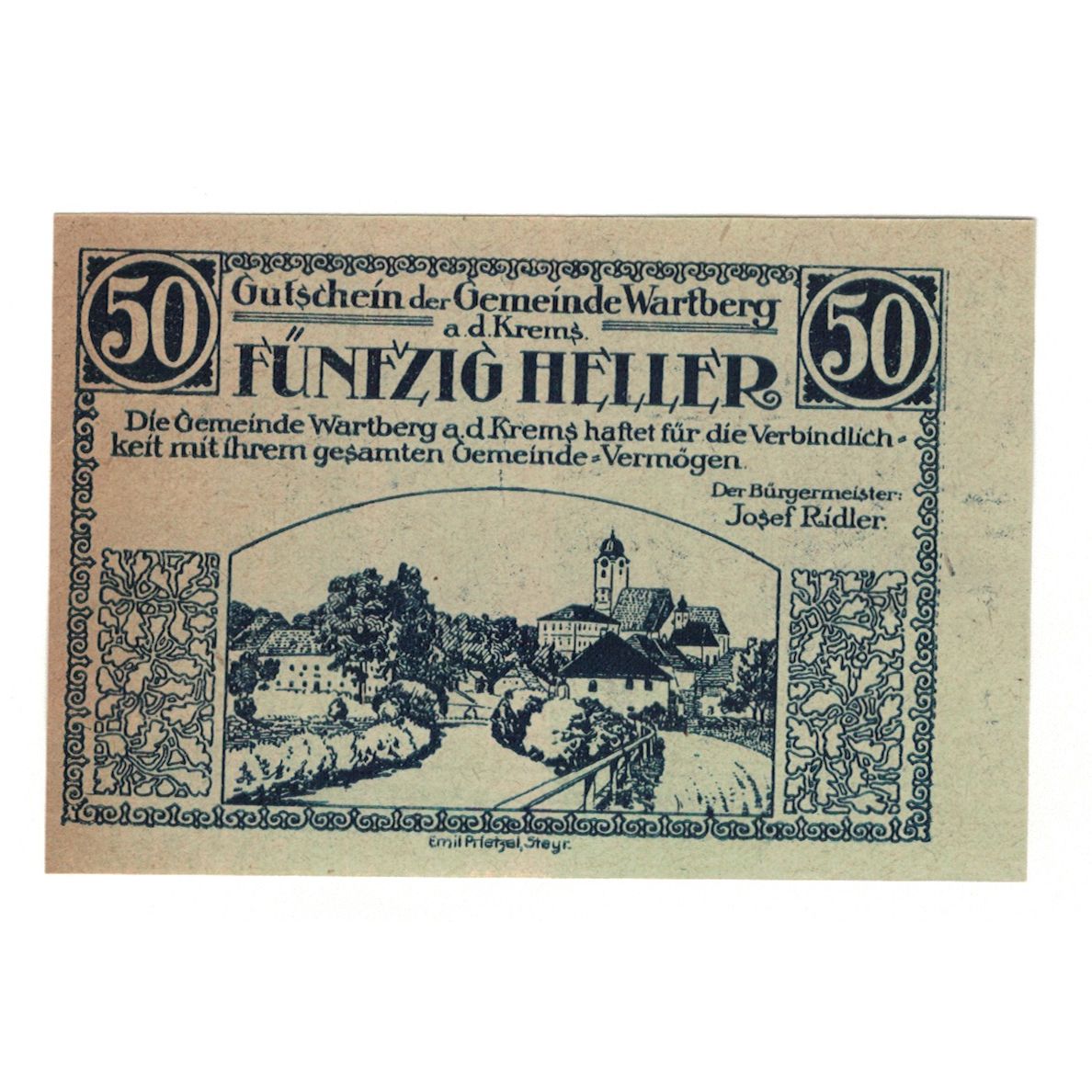 Billete, Austria, Wartberg An Der Krems O.Ö. Gemeinde, 50 Heller, Batiment