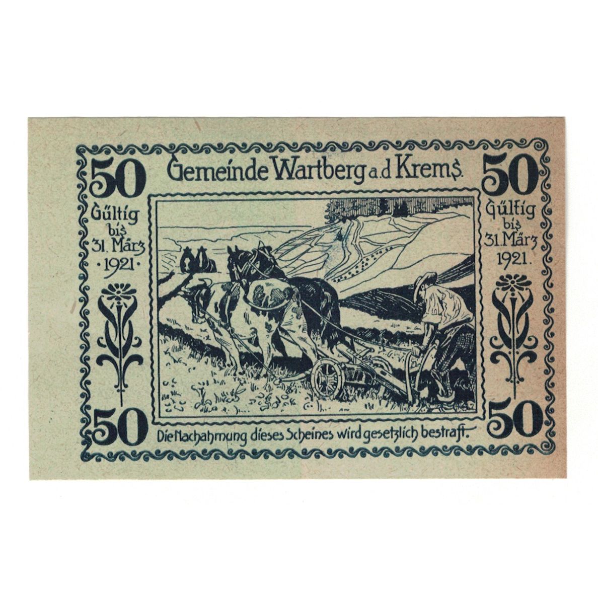 Billete, Austria, Wartberg An Der Krems O.Ö. Gemeinde, 50 Heller, Batiment
