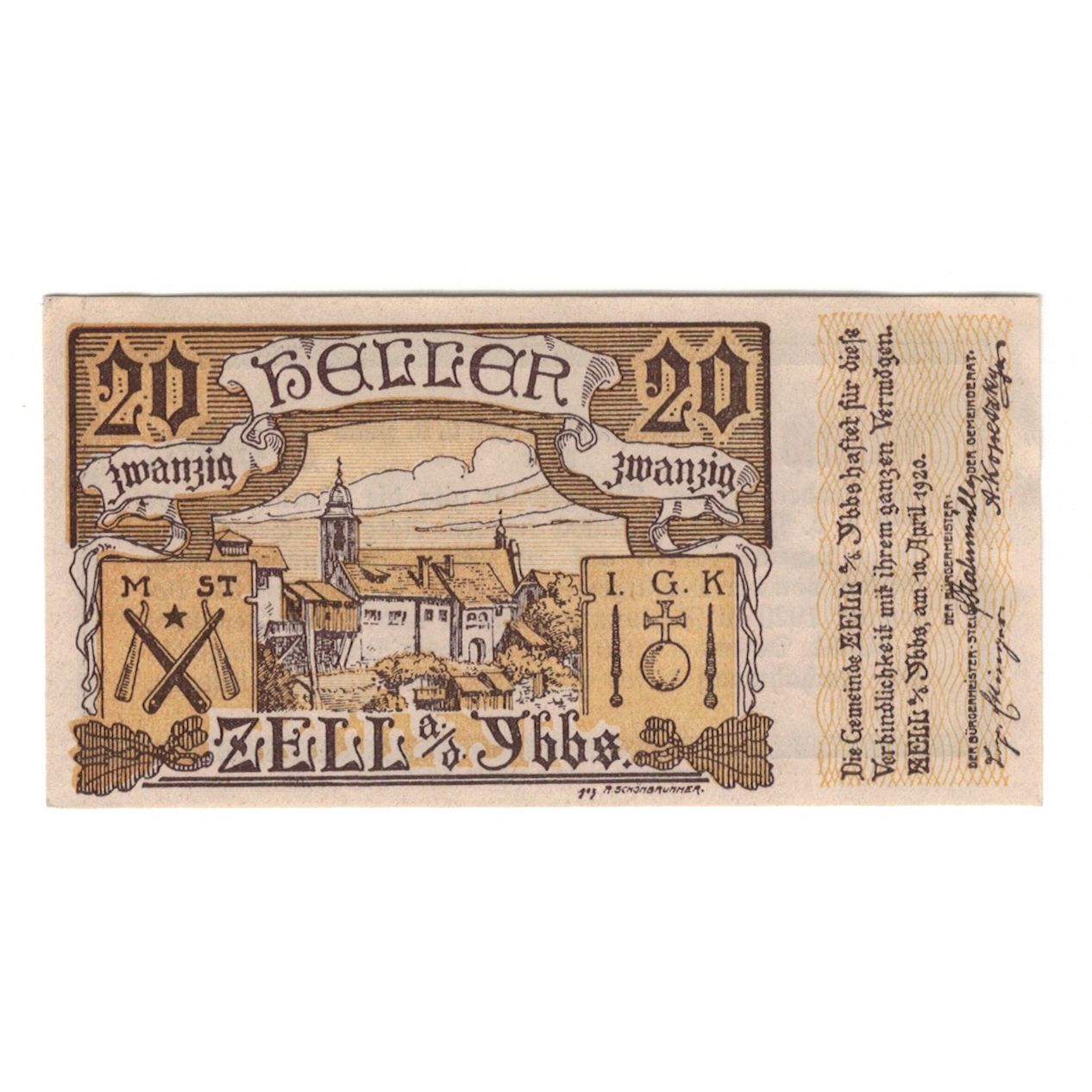 [#324515] Banknote, Austria, Zell An Der Ybbs N.Ö. Marktgemeinde, 20 Heller, Tex