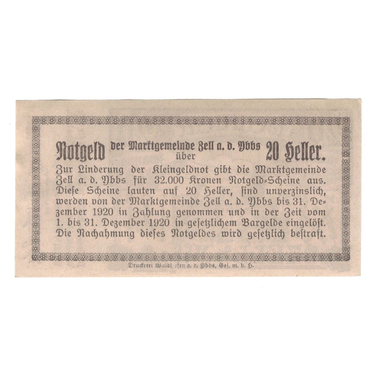 Billete, Austria, Zell An Der Ybbs N.Ö. Marktgemeinde, 20 Heller, Texte, 1920