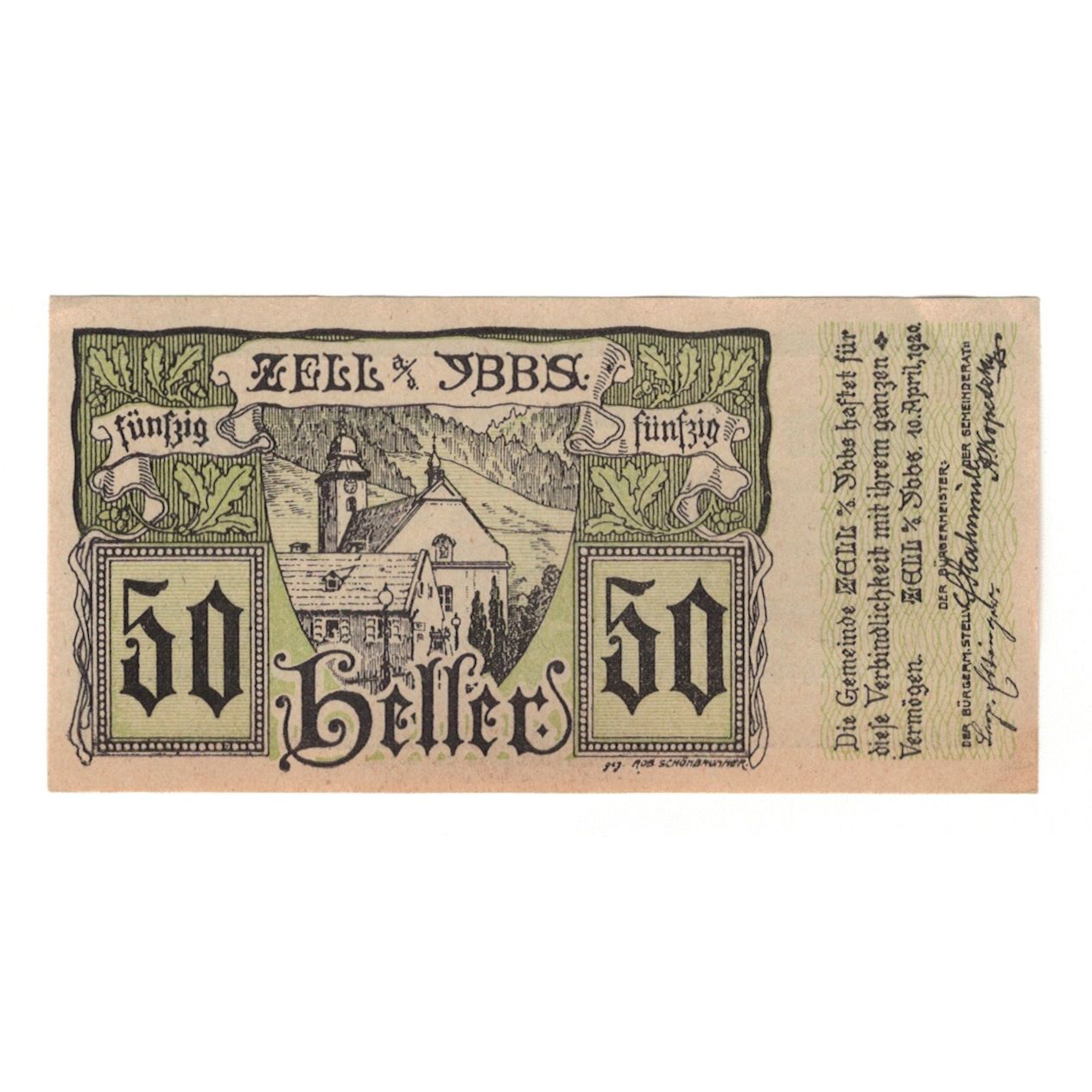 Billete, Austria, Zell An Der Ybbs N.Ö. Marktgemeinde, 50 Heller, Texte, 1920