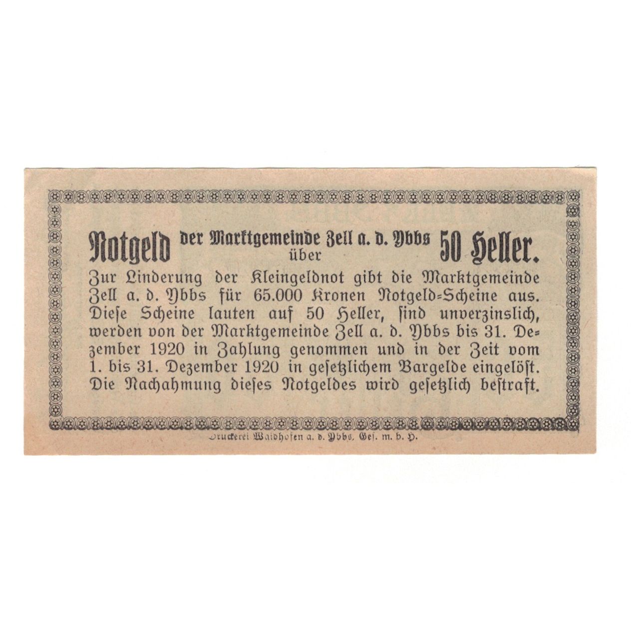 Billete, Austria, Zell An Der Ybbs N.Ö. Marktgemeinde, 50 Heller, Texte, 1920