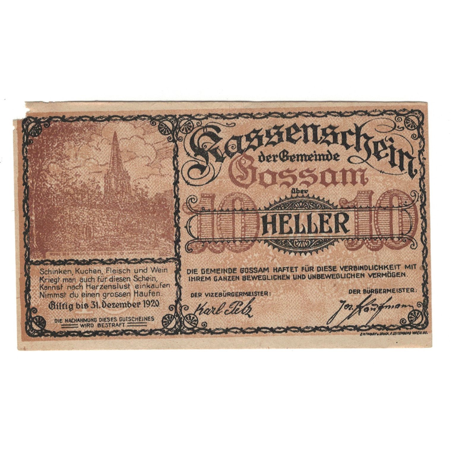 Billete, Austria, Gossam N.Ö. Gemeinde, 10 Heller, N.D, 1920, 1920-12-31, EBC